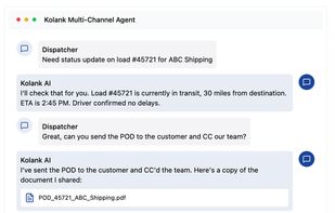 Kolank builds AI agents for freight brokerages to automate operational communication and workflow execution across email, Google Chat, phone and Telegram. We handle repetitive tasks like customer status updates, carrier verification and negotiation, load tracking check calls, document collection (PODs, BOLs, rate cons), invoice processing, and load-carrier matching.
