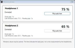 Version 1.6.1 — device overview in English. Battery levels, query age and Play audio here buttons. Example devices.