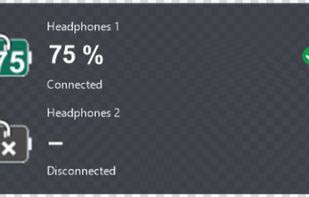 Version 1.6.1 — English desktop widget. Green check marks the active audio output. Example devices and battery levels.