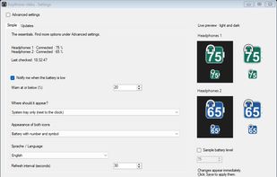 Version 1.6.1 — actual English settings. English selected under Sprache / Language; Save remembers the choice. Example devices.