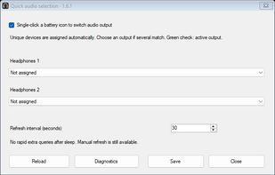 Version 1.6.1 — Quick audio selection in English. One-click output switching and a 30-second battery interval.