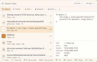 Kopi's clipboard history panel with search and filters