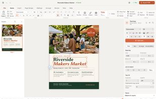 Korva editor with a Publisher-style ribbon, page thumbnails and Format pane, editing a farmers market flyer.