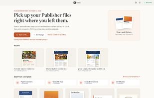 Start screen: open a .pub file, start a blank page, recent work and templates by kind.