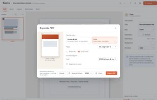 Korva PDF export dialog with screen, print, crop-mark, grayscale and page-range options.