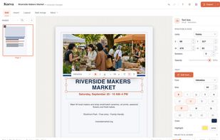 Korva editor with page thumbnails, editable text and photos, and formatting controls.