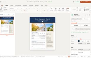 Church bulletin template with picture tools: crop, brightness, recolor and print resolution check.