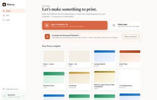 Korva template gallery with blank pages, bulletin, flyer, business card, certificate and label templates.