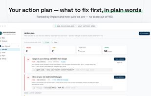 The action plan — what to fix first, in plain words. Priorities are written reasons, not a score out of 100.