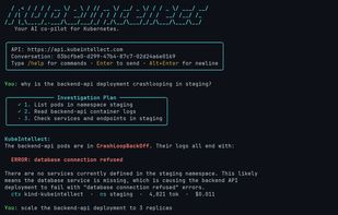 Root cause analysis in the kq terminal client: KubeIntellect plans the investigation, queries pods and logs, and explains why the deployment is crashlooping.