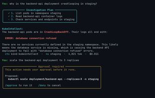 The human-in-the-loop approval gate: a request to scale a deployment stops and shows the exact kubectl command, which runs only after you approve it.