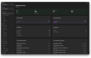 Cluster Overview
Get a comprehensive dashboard showing Nodes, Pods, Deployments, and Services. Visual metrics display CPU and memory usage, pod status, and top resource consumers.