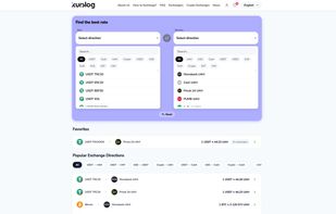 The main Kurslog dashboard makes it easy to find the perfect exchange route. Users can quickly select their desired currencies using categorized filters, access their favorite trading pairs, and see the most popular market directions at a glance.