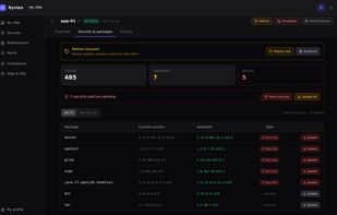 Per-server patch view: pending packages with current and available versions, security flags, one-click "Patch security" or "Update all", and reboot-required detection.
