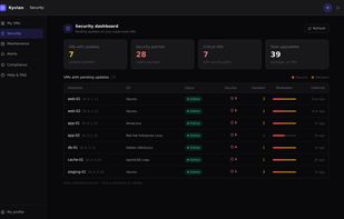 Fleet-wide security dashboard: pending security and standard updates per server, across Ubuntu, Debian, RHEL, AlmaLinux and openSUSE.