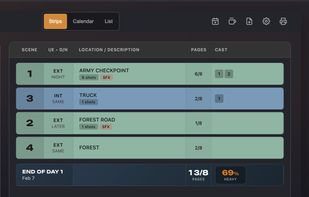Stripboard scheduling pulls data from other sections to help you plan your shoot.
