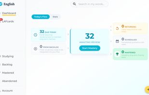 Daily dashboard — cards due today, cards awaiting review, and the pipeline from backlog to mastered.