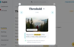 A LAFcard in action — target word introduced with image, native pronunciation, and one of ten varied real-world sample sentences.