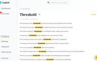 Ten varied sentences per word, spanning different senses, registers, and situations — so learners build a felt sense of the word's range, not a translation pair.