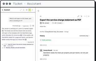 Ask about a ticket. The answer cites the ticket, a comment and a meeting.