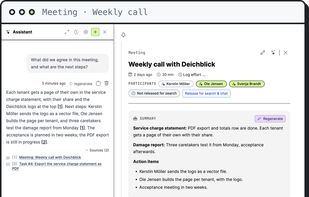 Ask about a meeting. Summary, action items and transcript next to the answer.