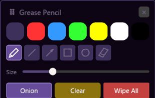 Grease Pencil annotation tools with colour picker, onion skinning, and shape tools for frame-by-frame review markup.