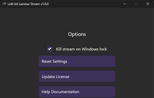 Options panel with security settings including kill stream on Windows lock, reset, and licence management.