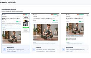 Advertorial Studio template selection: advertorial, listicle, and bridge page formats.