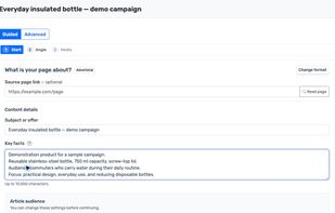 Guided Studio briefing with fictional sample campaign details.