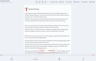Reading a Spanish story with the English translation revealed sentence by sentence: drag the slider from ES to EN to check only the line you did not get