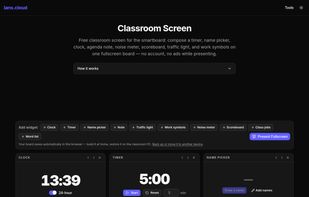 The Classroom Screen board with a countdown timer, random name picker, noise meter and traffic light widgets running fullscreen on a smartboard.