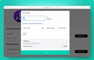 Secure payments and deposits through Stripe, and one click payments with Apple Pay and Google Pay. No more no-shows — just reliable income for your business.