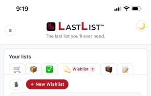 Wishlist tab for saving items you want to buy later. All lists are shareable with live editing.