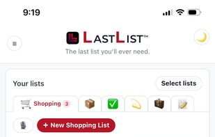 Shopping lists overview with saved lists showing status and item preview