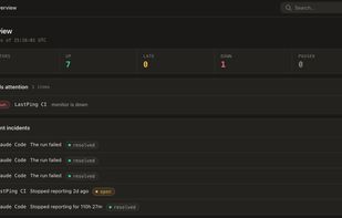 Overview dashboard: eight monitors with one down and one open incident, above a feed of recent incidents including a job that stopped reporting two days ago.
