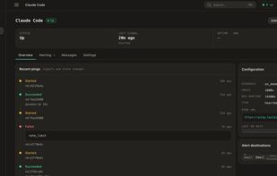 Monitor detail with recent pings — started, succeeded and failed runs with durations, run IDs and the reported failure reason.