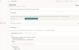 Connect MCP page with the server URL and ready-made setup commands for Claude Code and other MCP clients.