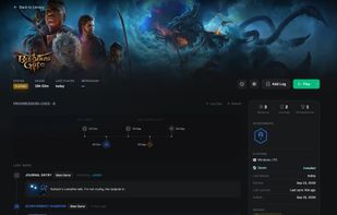 A game's page: status, hours, and a timeline of sessions, journal entries and achievements.