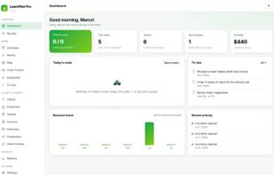 Dashboard - today's route, jobs this week, open quotes, overdue invoices and to-dos