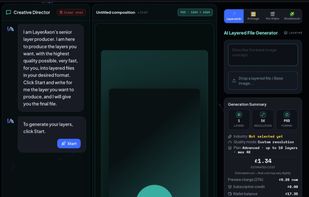The AI Layered File Generator — set industry, resolution, target layer count, and export format (PSD/TIFF/SVG) before generating.
