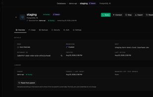Database branching: fork a database near-instantly, with lineage tracking and one-click reset from parent.