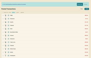 Transactions auto-import via bank sync and auto-categorize by merchant — sort and filter however you like.