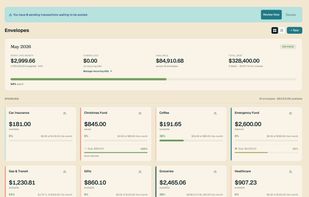 Envelope budgeting in action — see what's available in each envelope and how much you've spent this month.