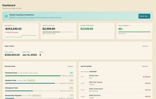Your money at a glance: net worth, spend-vs-budget, Age of Money, savings-goal progress, and upcoming bills.