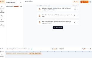 Studio editor: a script split into blocks, each with its own voice