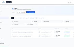Customer and job details with services, pricing, status, and communication history.
