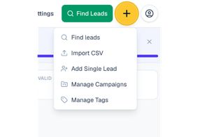 Contact management menu for importing CSV files, adding contacts, and organizing outreach campaigns.