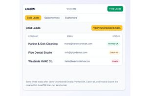 Centralized leads table displaying verified emails, phone numbers, and company details.