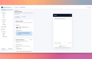 Playground: choose the model behind the agent - OpenAI, Anthropic, Google or Meta - write the system instructions, and test against a live preview of the widget.