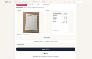 A phone photo of an invoice (left) straightened and turned into a clean white page (right), with effect options and PDF export.
